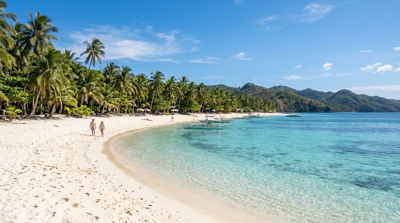 White sand beach at Barangay Talisay on the Anda Peninsula with the Spanish-era Punta Cruz Watchtower in the distance and coconut palms lining the shore
