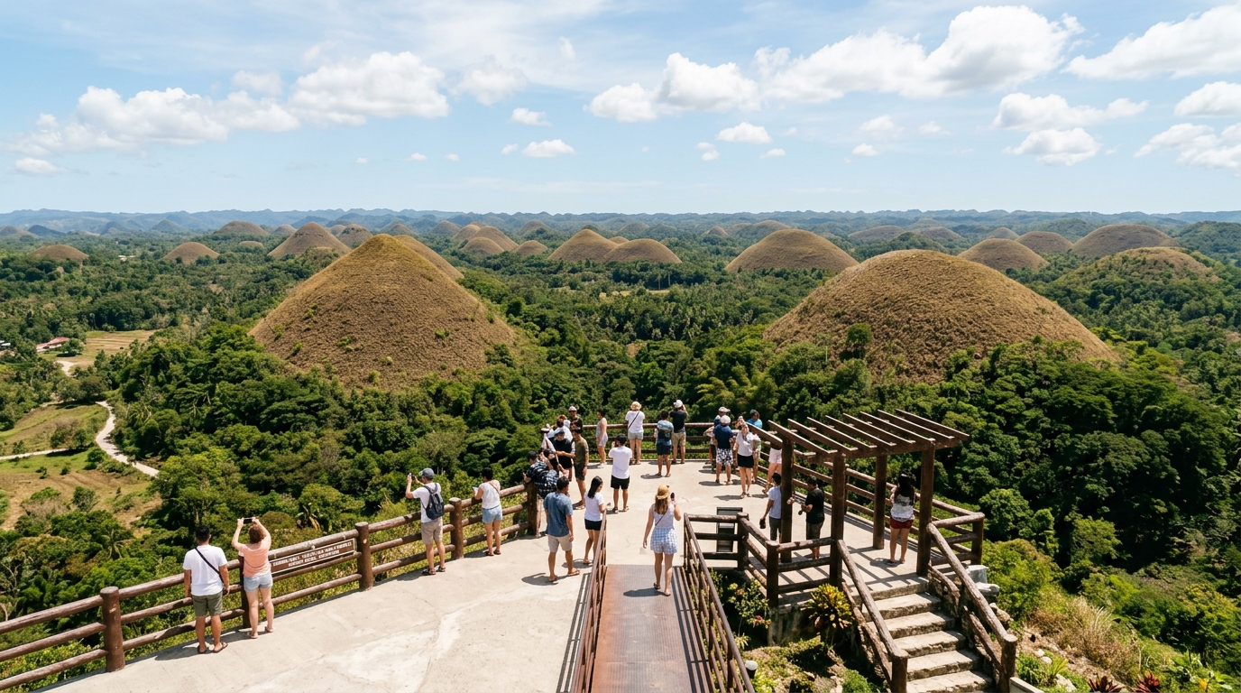 The stepped viewing deck at the Chocolate Hills Complex in Carmen, overlooking dozens of uniformly conical limestone hills turned brown in the dry season, with the karst formation stretching toward the horizon