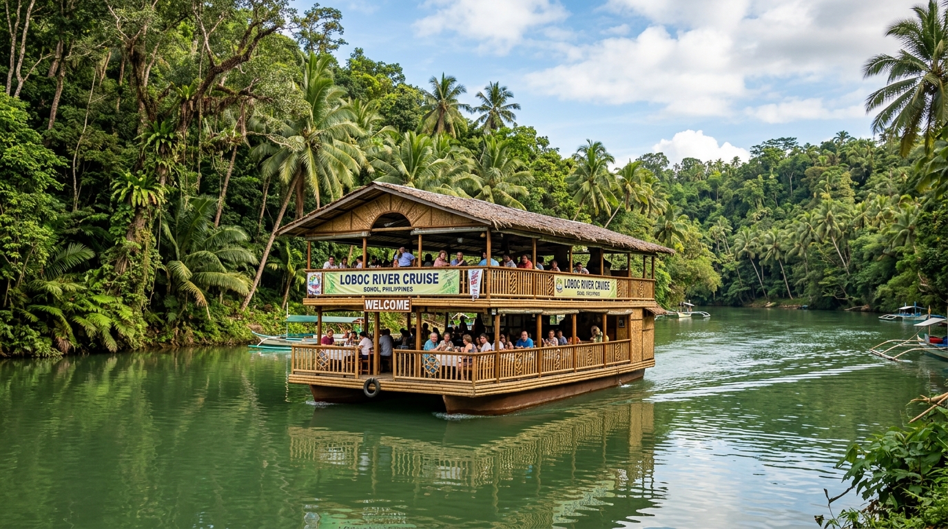 A multi-deck bamboo floating restaurant cruising the green, canopy-shaded Loboc River past coconut palms, with the Church of Saint Peter the Apostle visible near the riverbank