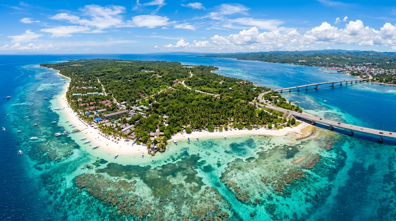 Alona Beach on Panglao Island at golden hour, white coralline sand lined with dive shops and beachfront cottages, outrigger boats moored offshore above the reef