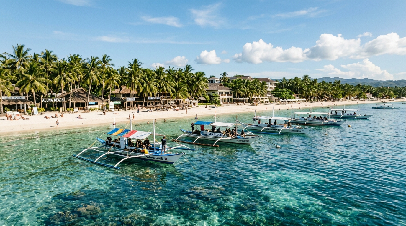 The Alona Beach strip in Panglao municipality viewed from the water, dive boats anchored over the house reef with beachfront resorts and coconut palms along the shore
