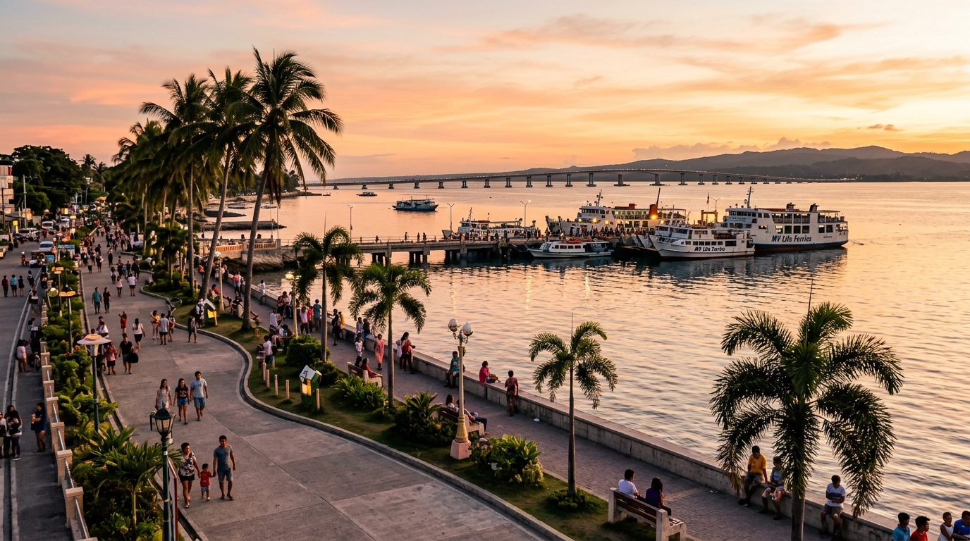 Tagbilaran Boulevard waterfront promenade along Tagbilaran City's eastern seafront, with the port and the Panglao Island causeway visible in the distance across the Mindanao Sea